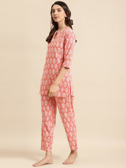 Womens Peach & Off White Printed Night Suit | LASVINI - Redefining Indian Fashion with Elegance