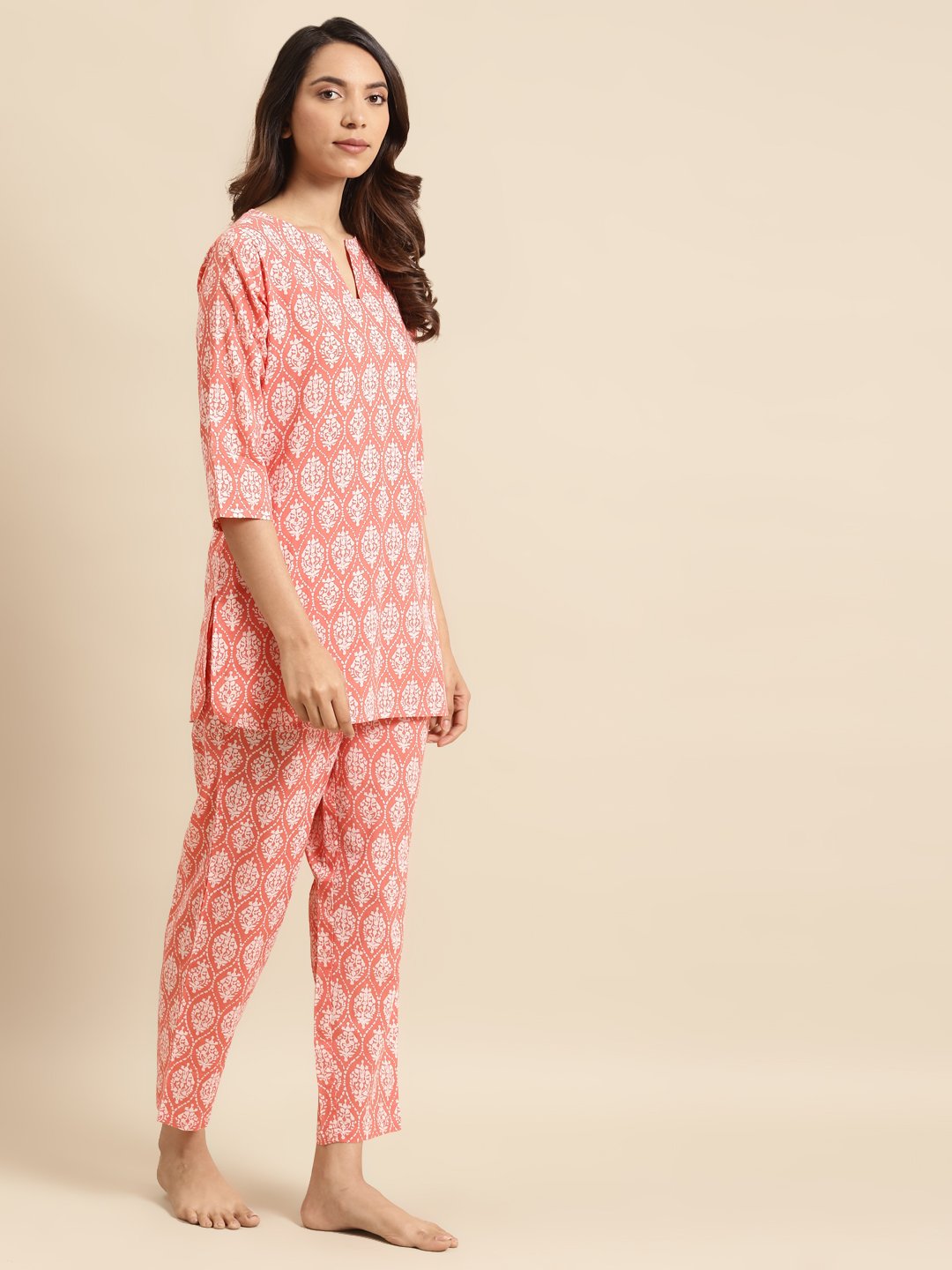 Womens Peach & Off White Printed Night Suit | LASVINI - Redefining Indian Fashion with Elegance