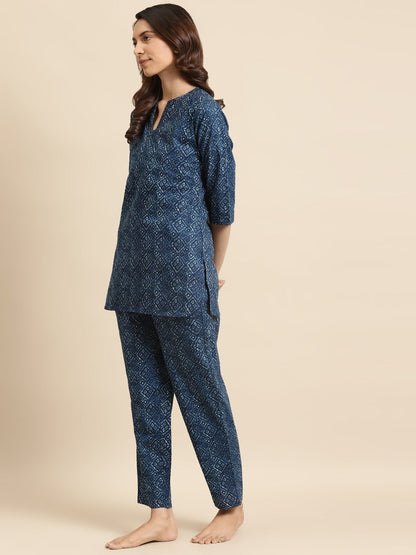 Womens Indigo Printed Night Suit | LASVINI - Redefining Indian Fashion with Elegance