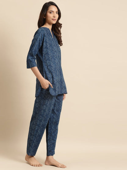 Womens Indigo Printed Night Suit | LASVINI - Redefining Indian Fashion with Elegance
