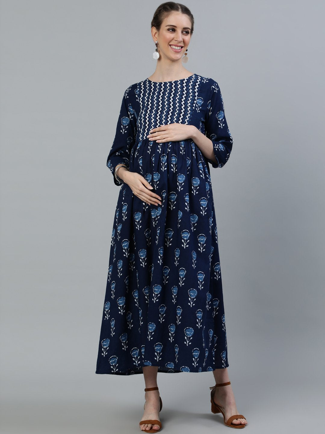 Women Blue Indigo Printed Flared Maternity Dress With Three Quarters Sleeves | LASVINI - Redefining Indian Fashion with Elegance