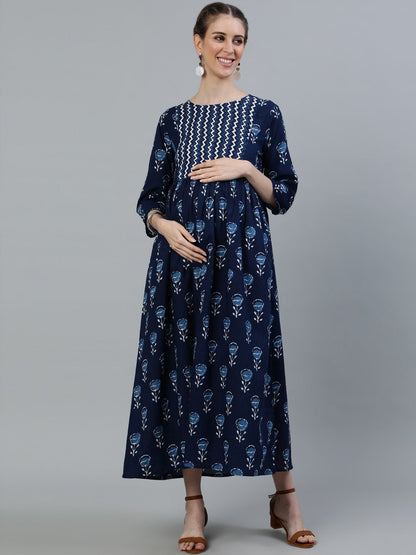 Women Blue Indigo Printed Flared Maternity Dress With Three Quarters Sleeves | LASVINI - Redefining Indian Fashion with Elegance
