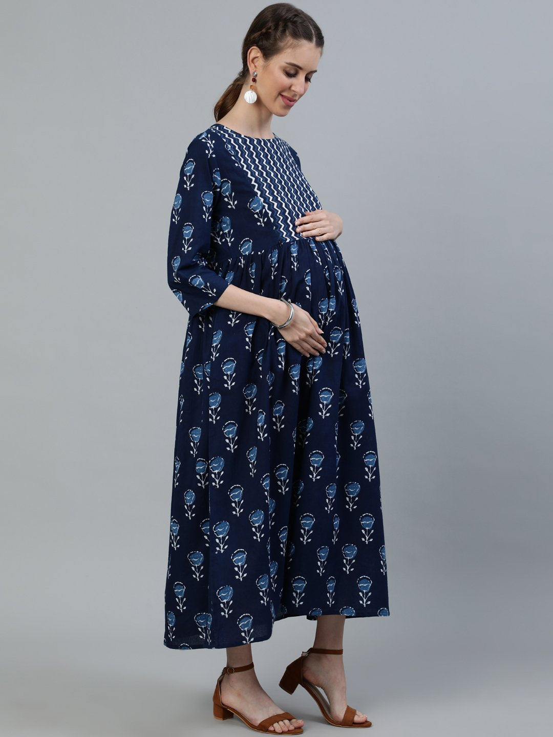 Women Blue Indigo Printed Flared Maternity Dress With Three Quarters Sleeves | LASVINI - Redefining Indian Fashion with Elegance