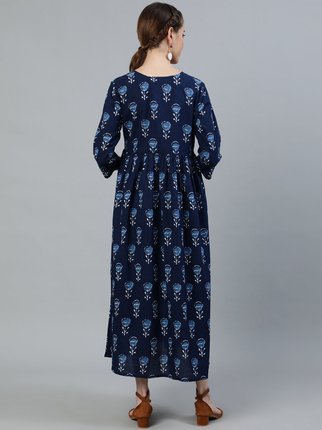 Women Blue Indigo Printed Flared Maternity Dress With Three Quarters Sleeves | LASVINI - Redefining Indian Fashion with Elegance