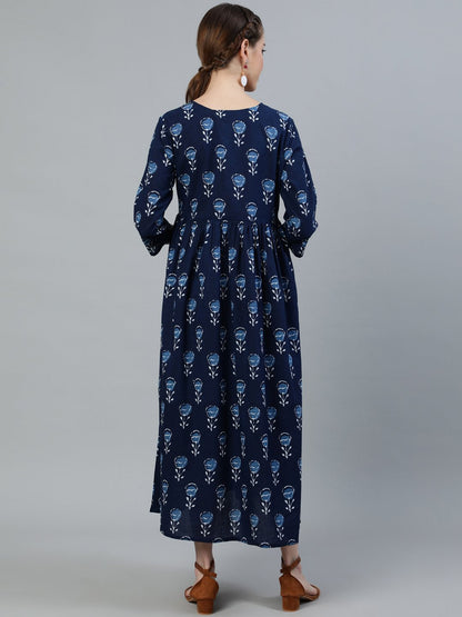 Women Blue Indigo Printed Flared Maternity Dress With Three Quarters Sleeves | LASVINI - Redefining Indian Fashion with Elegance