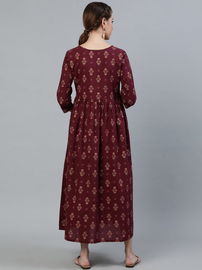 Women Maroon Printed Flared Maternity Dress With Three Quarters Sleeves & Belt | LASVINI - Redefining Indian Fashion with Elegance