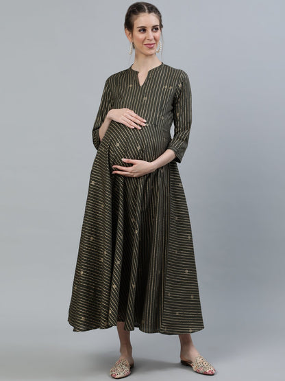 Women Grey & Off-White Printed Maternity Dress With Three Quarter Sleeves | LASVINI - Redefining Indian Fashion with Elegance