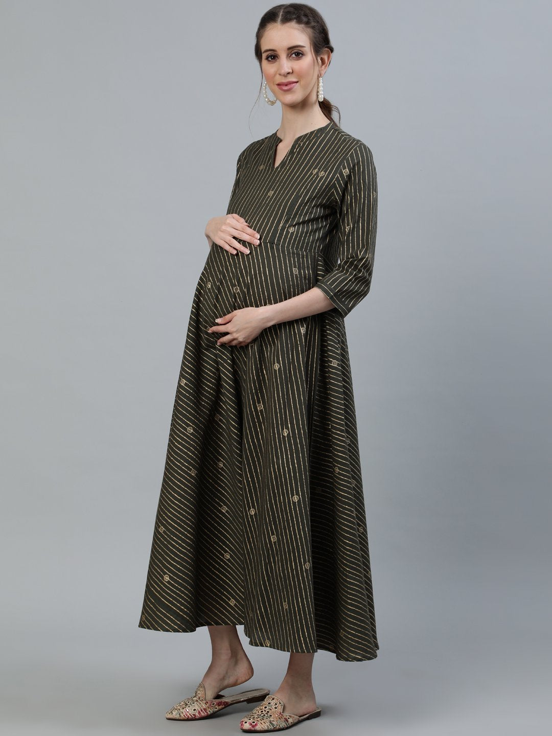 Women Grey & Off-White Printed Maternity Dress With Three Quarter Sleeves | LASVINI - Redefining Indian Fashion with Elegance