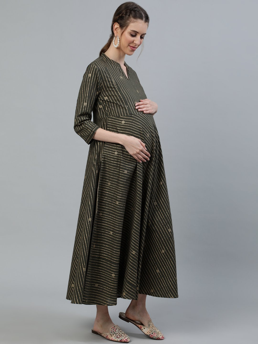 Women Grey & Off-White Printed Maternity Dress With Three Quarter Sleeves | LASVINI - Redefining Indian Fashion with Elegance