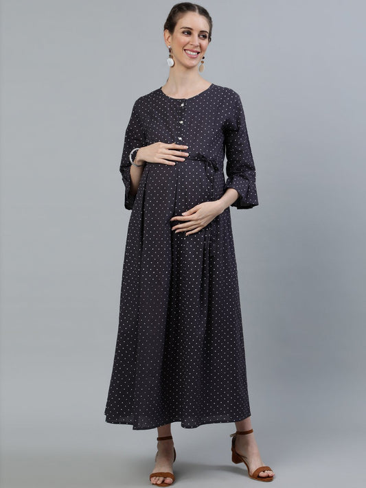 Women Taupe Polka Dots Maternity Dress With Belt | LASVINI - Redefining Indian Fashion with Elegance