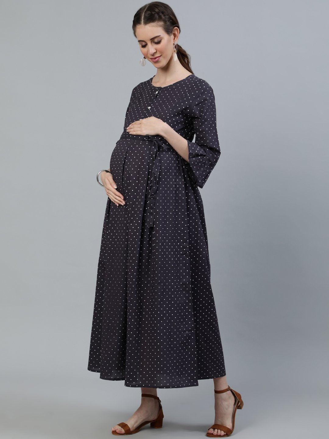 Women Taupe Polka Dots Maternity Dress With Belt | LASVINI - Redefining Indian Fashion with Elegance