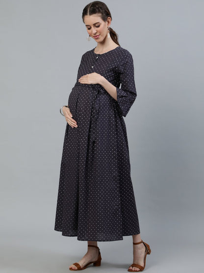 Women Taupe Polka Dots Maternity Dress With Belt | LASVINI - Redefining Indian Fashion with Elegance