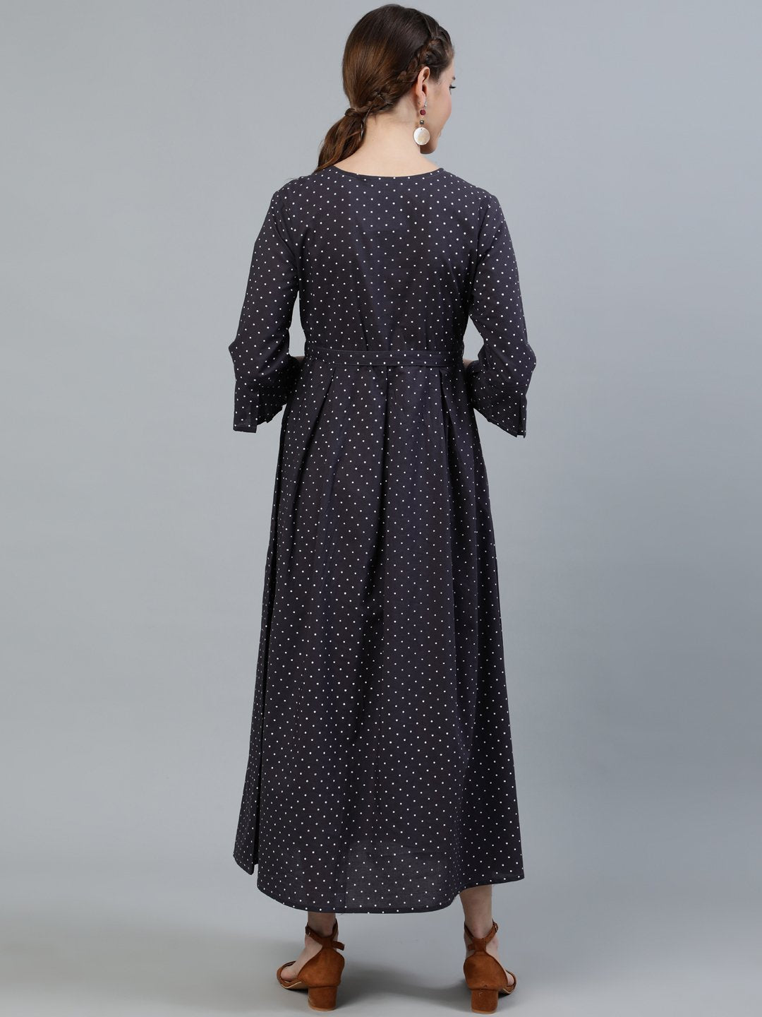 Women Taupe Polka Dots Maternity Dress With Belt | LASVINI - Redefining Indian Fashion with Elegance