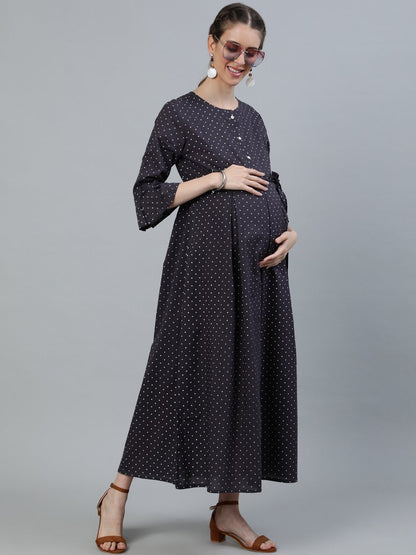 Women Taupe Polka Dots Maternity Dress With Belt | LASVINI - Redefining Indian Fashion with Elegance