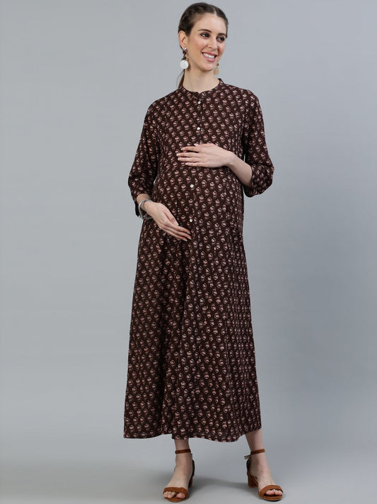 Women Brown Printed Maternity Dress With Three Quarter Sleeves | LASVINI - Redefining Indian Fashion with Elegance