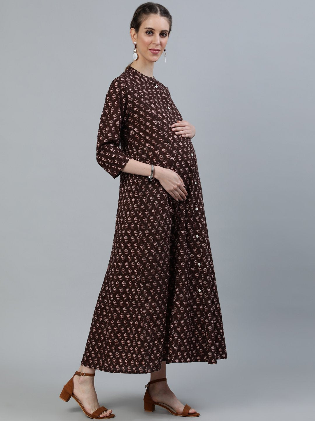Women Brown Printed Maternity Dress With Three Quarter Sleeves | LASVINI - Redefining Indian Fashion with Elegance