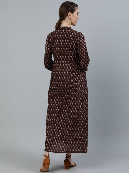 Women Brown Printed Maternity Dress With Three Quarter Sleeves | LASVINI - Redefining Indian Fashion with Elegance