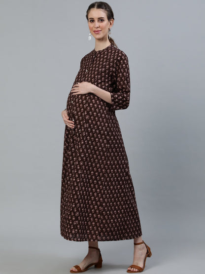Women Brown Printed Maternity Dress With Three Quarter Sleeves | LASVINI - Redefining Indian Fashion with Elegance