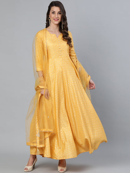 Women Mustard Foil Printed Maxi Dress With Embroidered Net Dupatta | LASVINI - Redefining Indian Fashion with Elegance