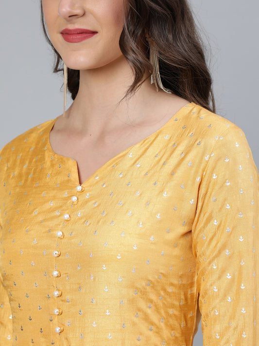 Women Mustard Foil Printed Maxi Dress With Embroidered Net Dupatta | LASVINI - Redefining Indian Fashion with Elegance