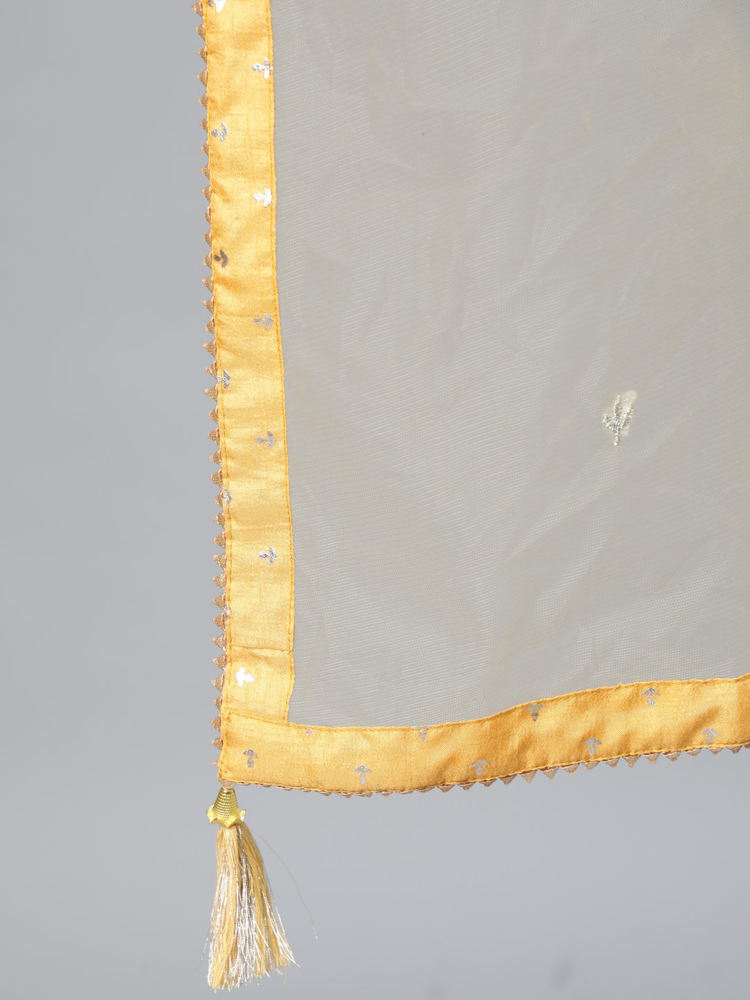 Women Mustard Foil Printed Maxi Dress With Embroidered Net Dupatta | LASVINI - Redefining Indian Fashion with Elegance