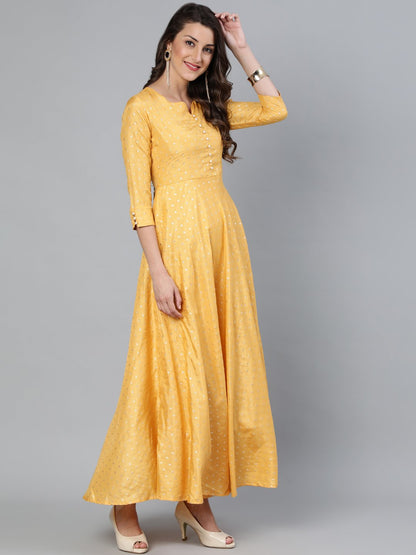Women Mustard Foil Printed Maxi Dress With Embroidered Net Dupatta | LASVINI - Redefining Indian Fashion with Elegance