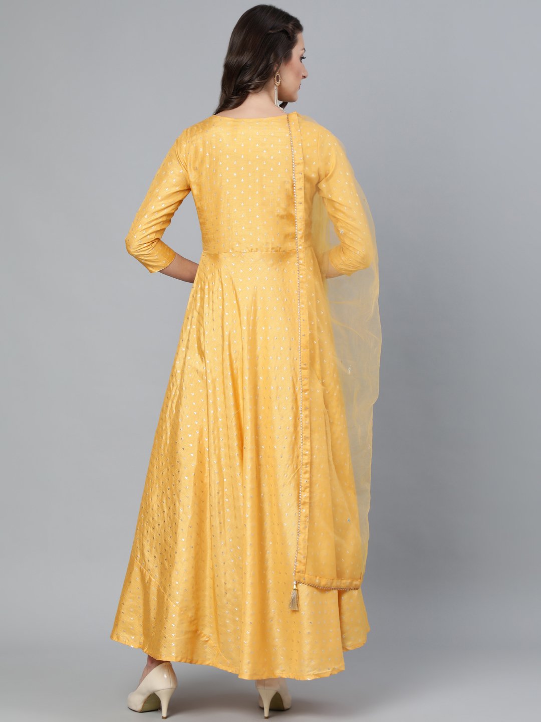 Women Mustard Foil Printed Maxi Dress With Embroidered Net Dupatta | LASVINI - Redefining Indian Fashion with Elegance