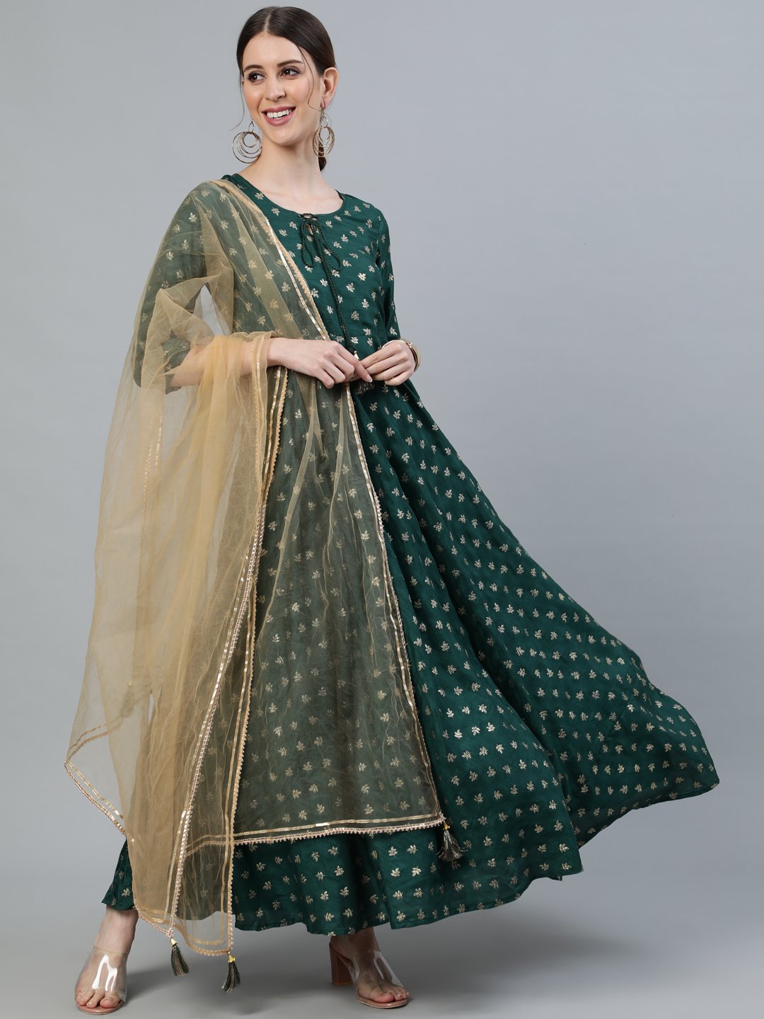 Women Green Foil Printed Maxi Dress With Embroidered Net Dupatta | LASVINI - Redefining Indian Fashion with Elegance