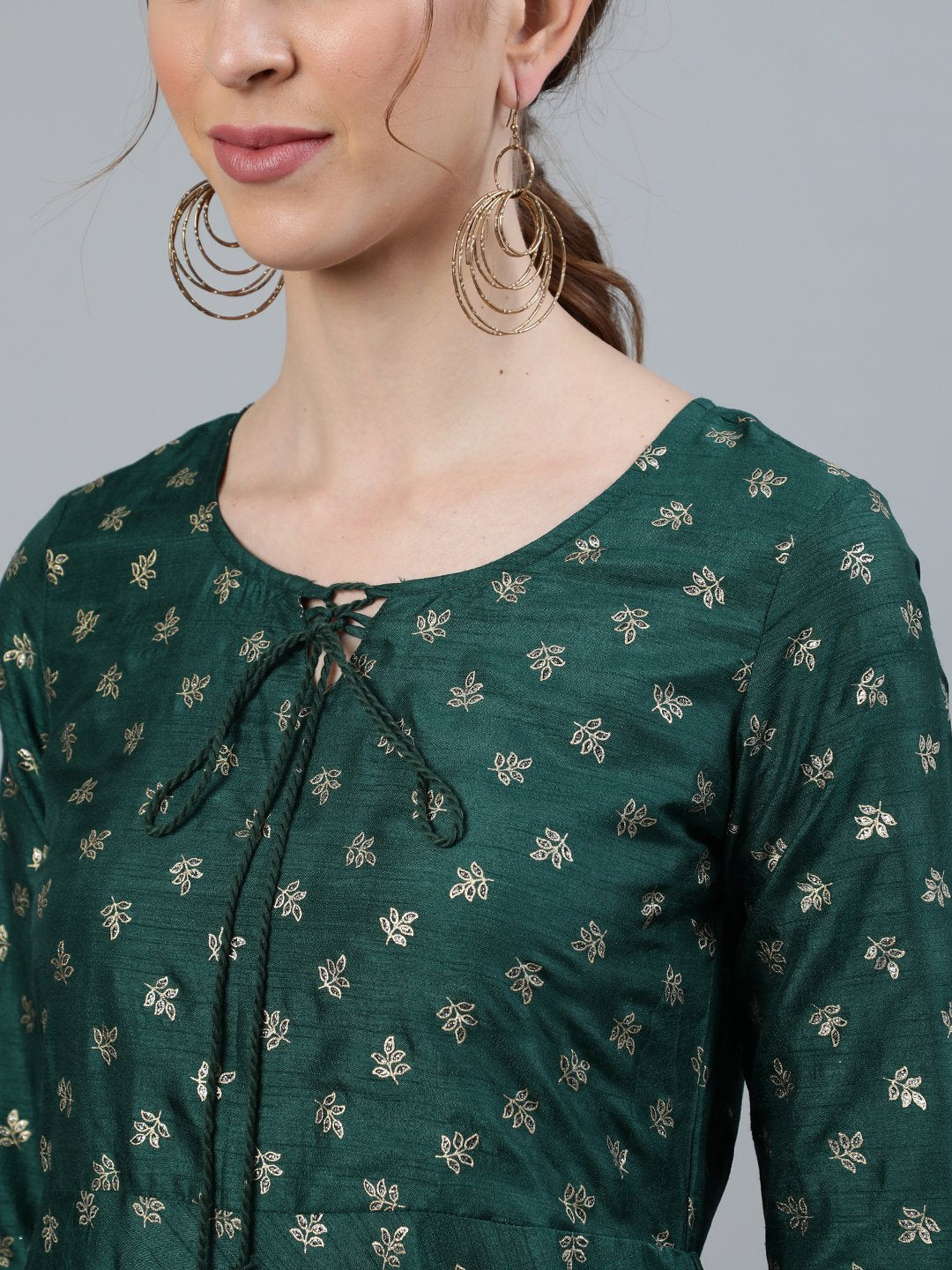 Women Green Foil Printed Maxi Dress With Embroidered Net Dupatta | LASVINI - Redefining Indian Fashion with Elegance