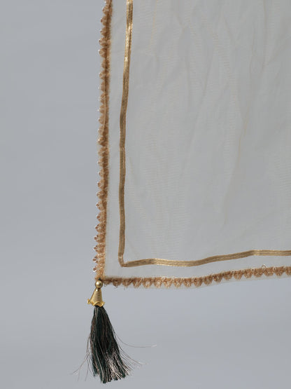 Women Green Foil Printed Maxi Dress With Embroidered Net Dupatta | LASVINI - Redefining Indian Fashion with Elegance