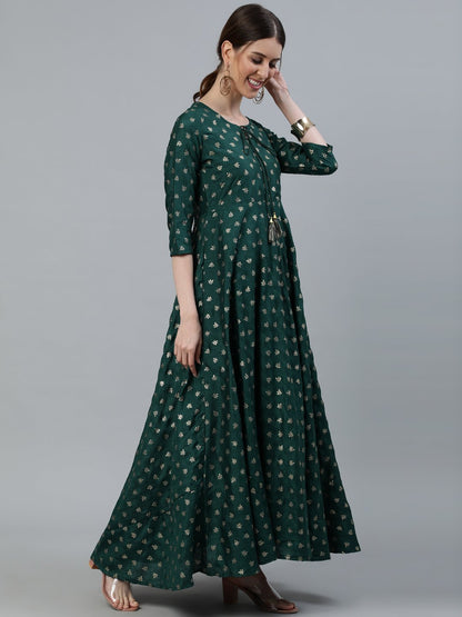 Women Green Foil Printed Maxi Dress With Embroidered Net Dupatta | LASVINI - Redefining Indian Fashion with Elegance