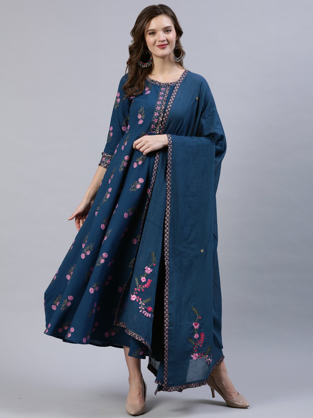 Women Blue Floral Printed Dress With Embroidered Dupatta | LASVINI - Redefining Indian Fashion with Elegance