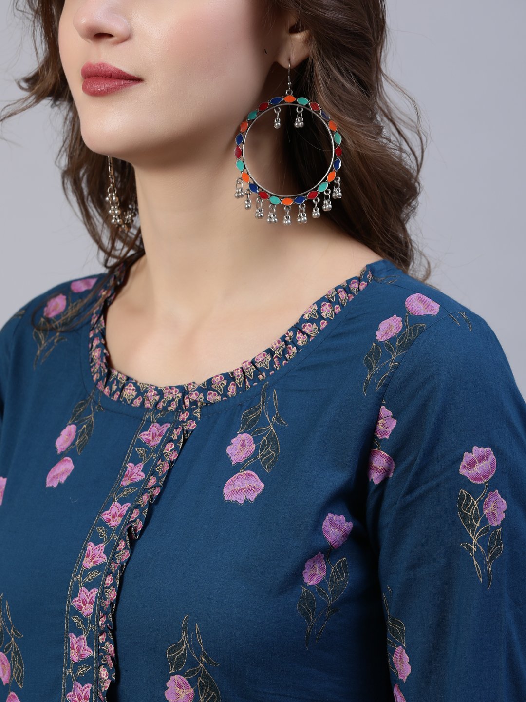 Women Blue Floral Printed Dress With Embroidered Dupatta | LASVINI - Redefining Indian Fashion with Elegance