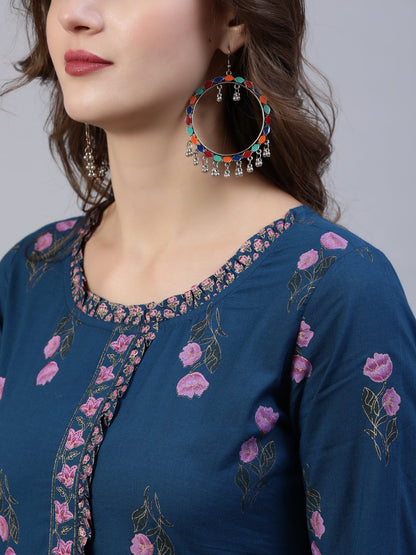Women Blue Floral Printed Dress With Embroidered Dupatta | LASVINI - Redefining Indian Fashion with Elegance