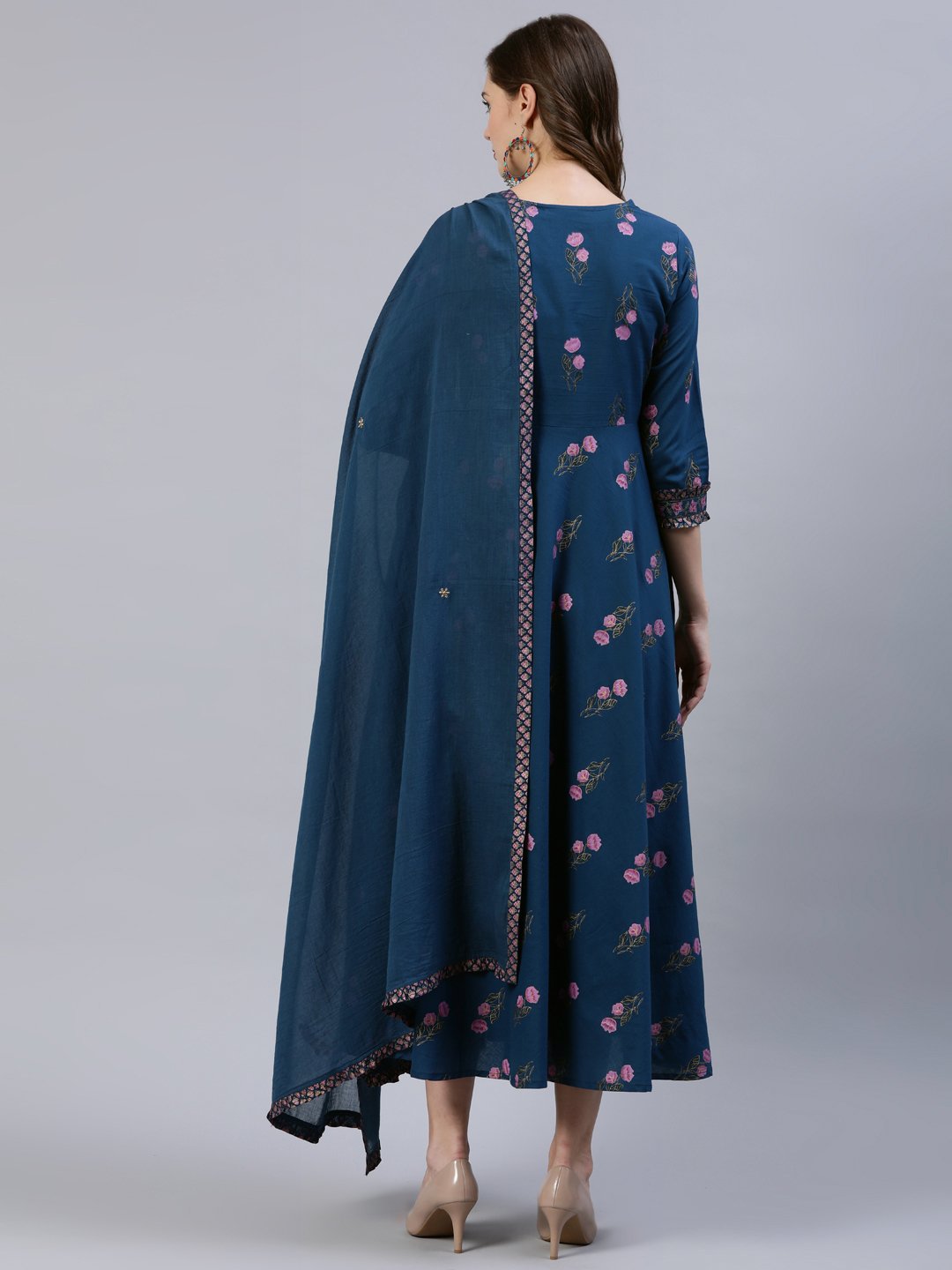 Women Blue Floral Printed Dress With Embroidered Dupatta | LASVINI - Redefining Indian Fashion with Elegance