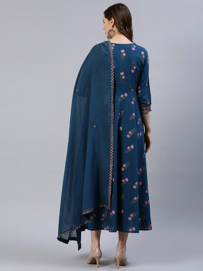 Women Blue Floral Printed Dress With Embroidered Dupatta | LASVINI - Redefining Indian Fashion with Elegance