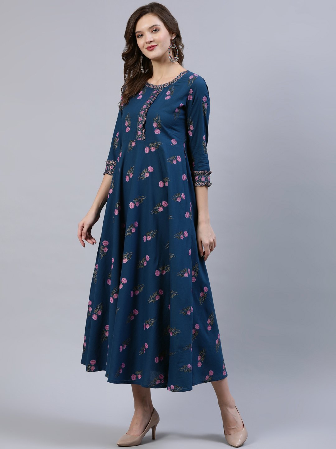 Women Blue Floral Printed Dress With Embroidered Dupatta | LASVINI - Redefining Indian Fashion with Elegance