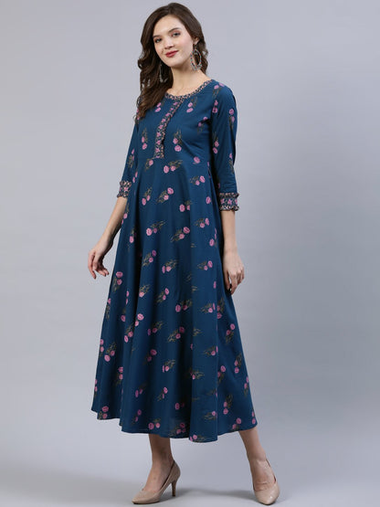 Women Blue Floral Printed Dress With Embroidered Dupatta | LASVINI - Redefining Indian Fashion with Elegance