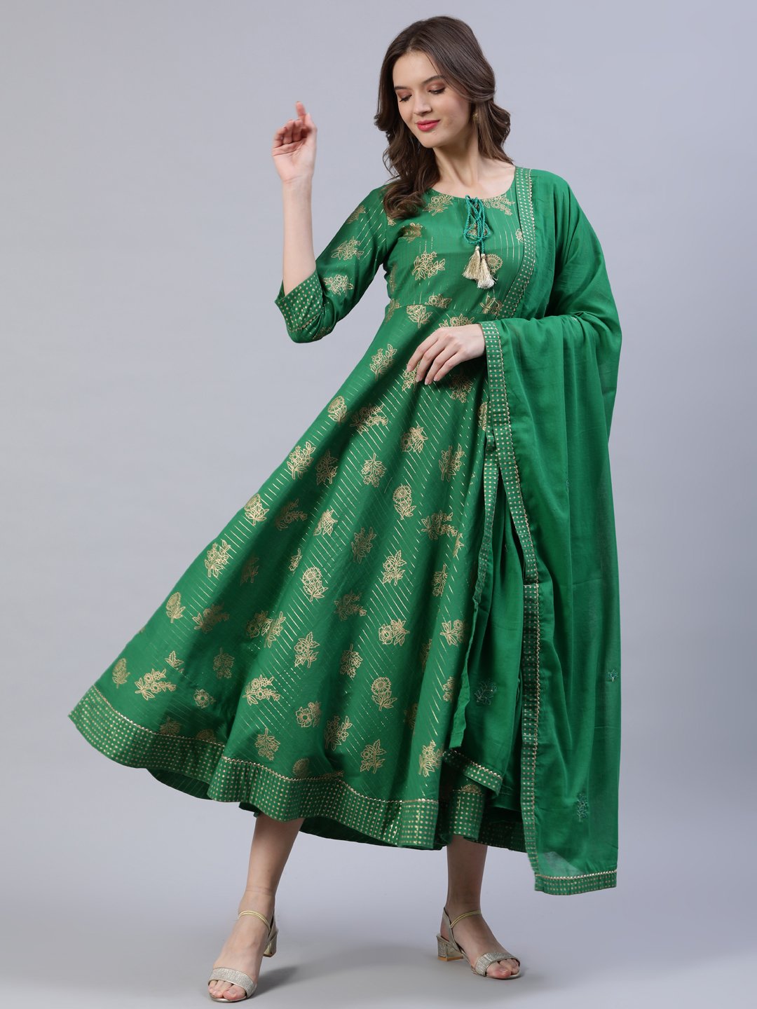 Women Green Floral Printed Dress With Dupatta | LASVINI - Redefining Indian Fashion with Elegance