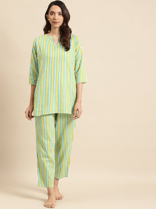 Womens Light Green Striped Night Suit | LASVINI - Redefining Indian Fashion with Elegance