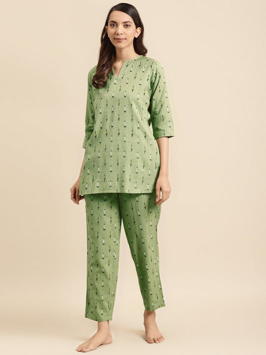 Womens Olive Green Ikat Printed Night Suit | LASVINI - Redefining Indian Fashion with Elegance