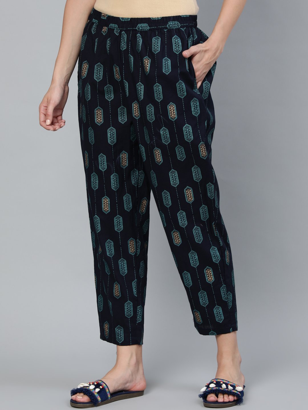 Women Navy Blue Printed Trouser | LASVINI - Redefining Indian Fashion with Elegance