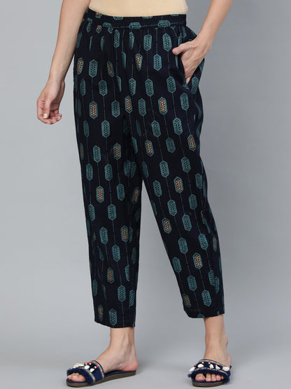 Women Navy Blue Printed Trouser | LASVINI - Redefining Indian Fashion with Elegance