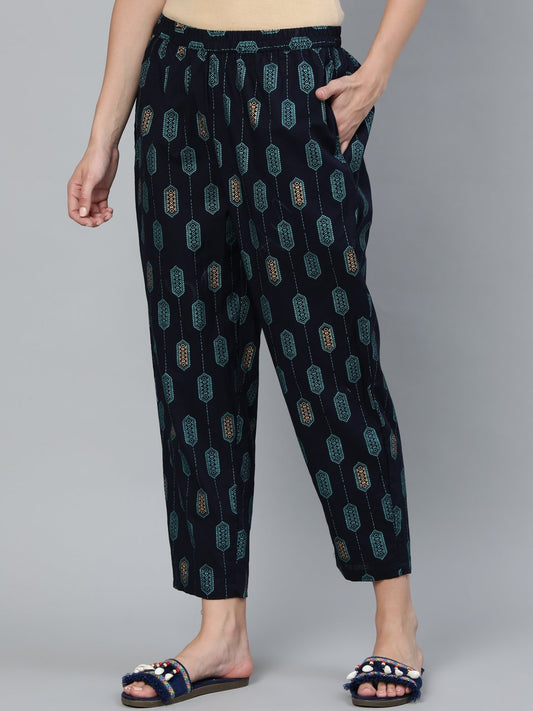 Women Navy Blue Printed Trouser | LASVINI - Redefining Indian Fashion with Elegance