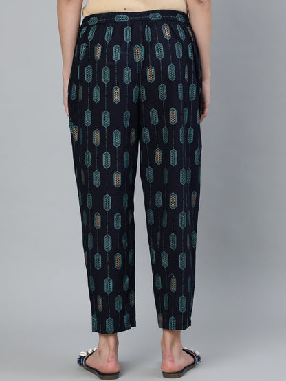 Women Navy Blue Printed Trouser | LASVINI - Redefining Indian Fashion with Elegance