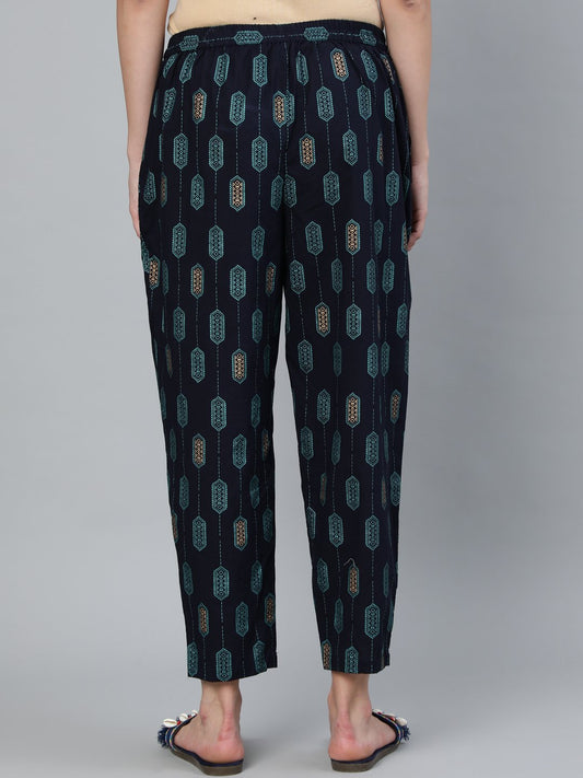 Women Navy Blue Printed Trouser | LASVINI - Redefining Indian Fashion with Elegance