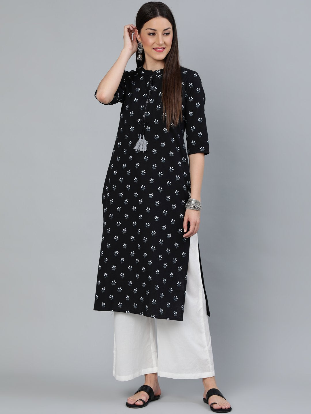 Women Black Floral Printed Straight Kurta With Three Quarter Sleeves | LASVINI - Redefining Indian Fashion with Elegance