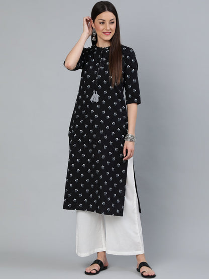 Women Black Floral Printed Straight Kurta With Three Quarter Sleeves | LASVINI - Redefining Indian Fashion with Elegance