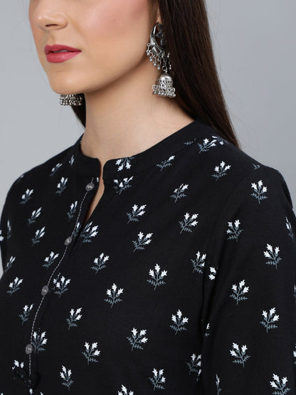 Women Black Floral Printed Straight Kurta With Three Quarter Sleeves | LASVINI - Redefining Indian Fashion with Elegance