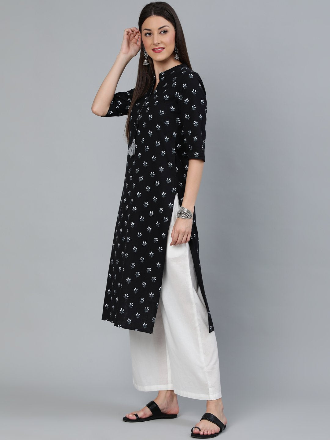 Women Black Floral Printed Straight Kurta With Three Quarter Sleeves | LASVINI - Redefining Indian Fashion with Elegance